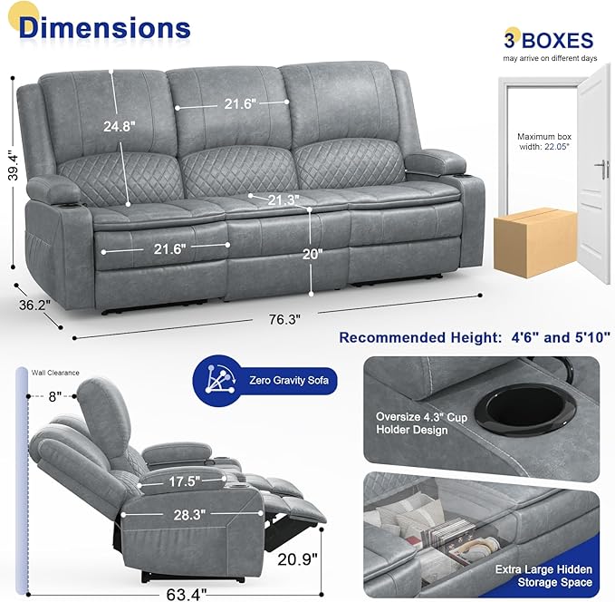 Recliner Sofa 3 Seater Sofa with Recliner, Home Theater Seating with Liftable Console & Removable Armrest, Manual PU Leather Reclining Couch with Cup Holders & USB Ports for Living Room/RV (PU,Grey)