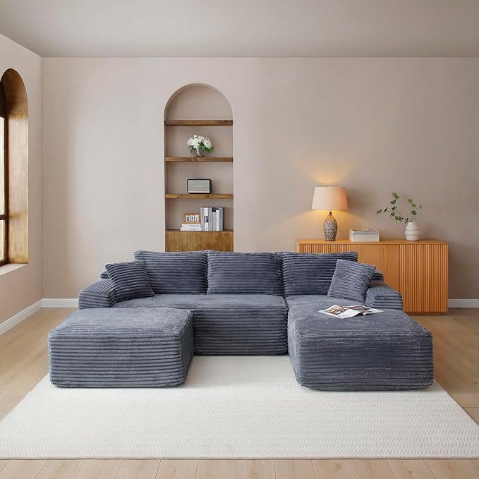 108" Cloud Sectional Couch,Modern Modular Sectional Sofa with Deep Seat,Corduroy Boneless Couches with L-Shape Chaise for Living Room,No Assembly Required (Grey, Right Facing Chaise + Ottoman)