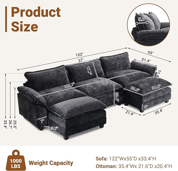 VINGLI 122" Cloud Double-Layer Deep Convertible Sectional Sofa, Comfy L-Shape 3-Seat Couches for Living Room, Modern Couch with Two Movable Ottoman for Small Space, Chenille Black