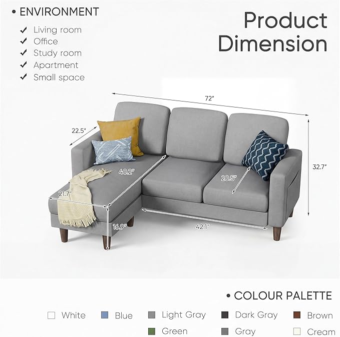 YESHOMY L-Shaped Sofa Couch, Small Couch with Reversible Chaise and Ottoman, Convertible Sectional Comfy 3 Seat Sofas with Side Pockets for Apartment and Living Room (Light Gray)