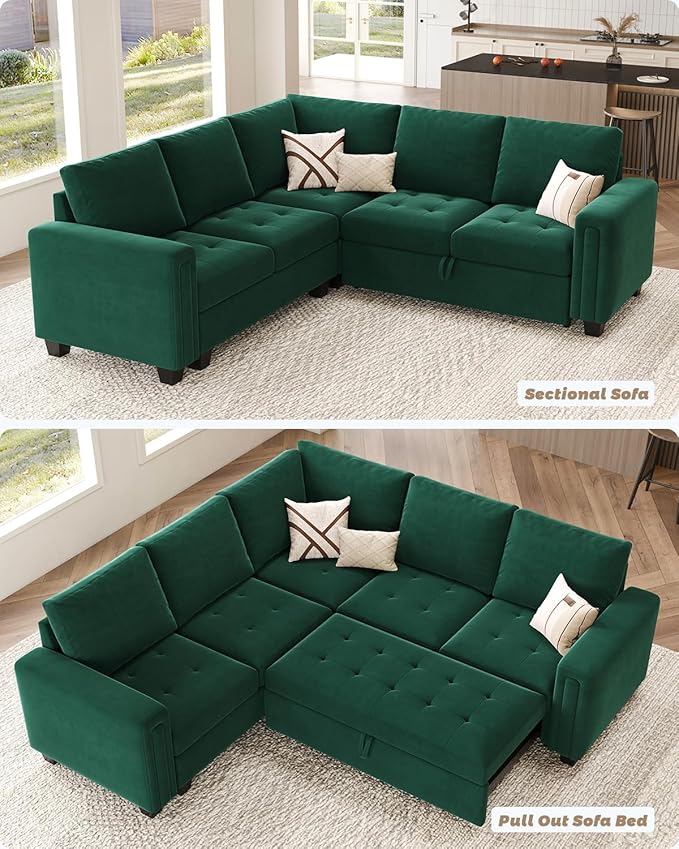 Belffin Modular Sectional Sleeper Sofa with Pull Out Couch Bed Velvet Convertible L Shaped Sectional Couch for Living Room Apartment Green