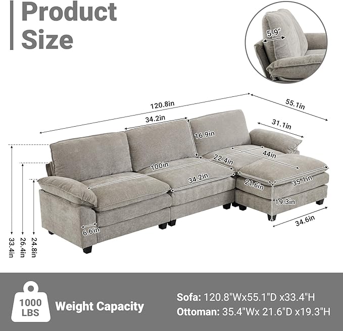 VINGLI 122" Cloud Double-Layer Deep Convertible Sectional Sofa, Comfy L-Shape 3-Seat Couches for Living Room, Modern Couch with Movable Ottoman for Small Space, Light Grey, Chenille