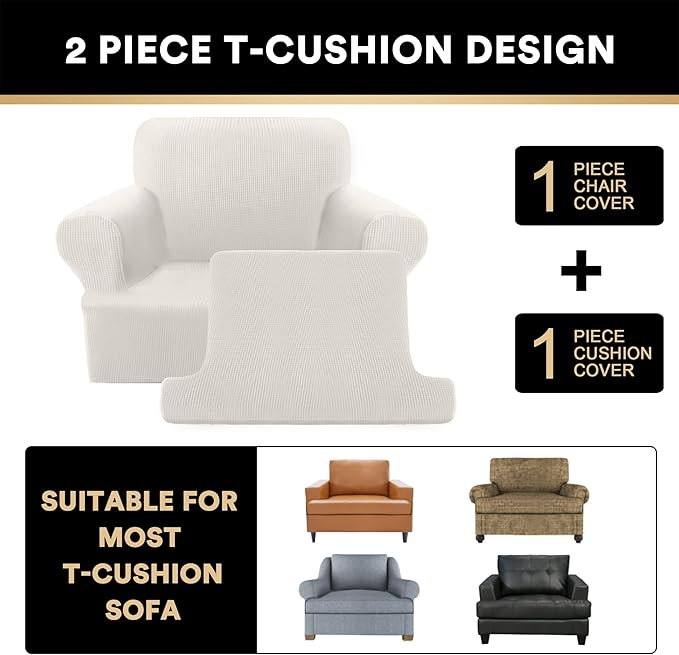 PrinceDeco 2 Pieces Armchair Slipcover Stretch Couch Covers for T Cushion Chair Slipcovers Soft Arm Chiar Cover Furniture Covers with 1 Individual T Shape Seat Covers Width Up to 40", Ivory