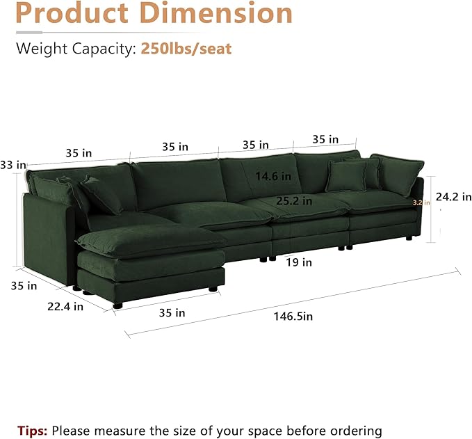 mikibama Modular Sectional Sofa, 146.5 Inch L Shaped Couch Set for Living Room, 4-Seater Comfy Cloud Couches with Movable Ottoman, DIY Combination, Chenille, Evergreen