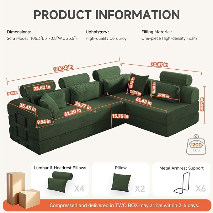106” L Shaped Boneless Sectional Couch, Two 70.87” Pieces Convert to 141.7” Extra Long Straight Sofa, Corduroy Couch in a Box with Headrest and Back Pillows for Apartment Living Room, Dark Green