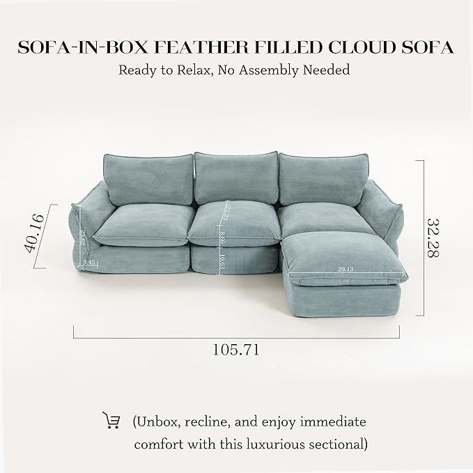 106'' Down Blend L-Shaped Sectional Sofa, Deep Seat Feather-Filled Cushions, Oversized Cloud Couch with Sink-in Comfort, Modern Living Room Sofa – Sky Fog Blue