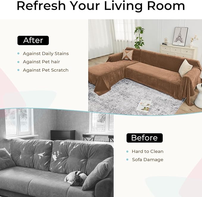 Sectional Couch Covers, 2 Pieces Chenille Sofa Cover L Shaped Couch Cover Blanket for Dogs Washable Sofa Slipcovers Pet Furniture Protector (X-Large: 71" x 110" + 71" x 118", Brown)