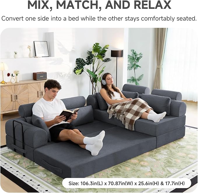 106” L Shaped Boneless Sectional Couch, Two 70.87” Pieces Convert to 141.7” Extra Long Straight Sofa, Corduroy Couch in a Box with Headrest and Back Pillows for Apartment Living Room, Dark Grey