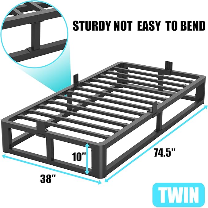 Firpeesy Upgrade Anti Bending and Round Corner Legs 10 inch Metal Twin Bed Frame 3500 LBS Heavy Steel Slats Support Platform Bed Frames No Box Spring Needed Platform Noise Free Easy Assembly