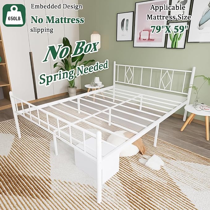 Decorwise 14 Inch Queen Size Bed Frames with Headboard/Footboard, Under Bed Storage, Strong Metal Slats Support, No Box Spring Needed, Noise Free, Easy Assembly, White