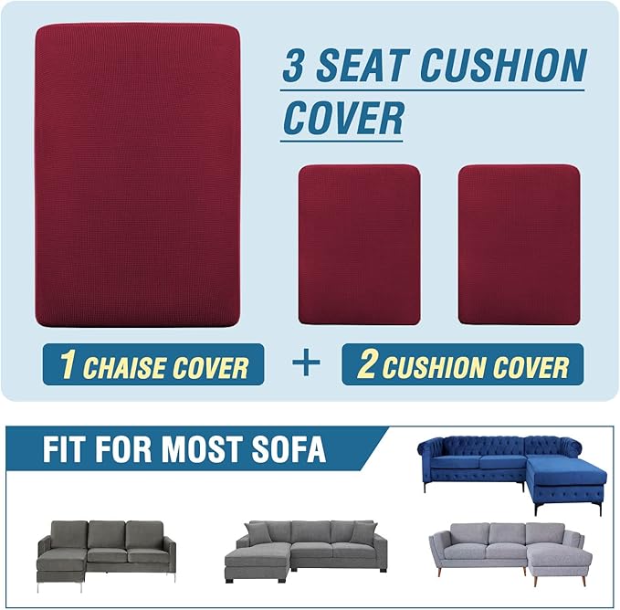 H.VERSAILTEX Sectional Couch Covers 3 Pieces Sofa Seat Cushion Covers L Shape Separate Cushion Couch Chaise Cover for Both Left/Right Sectional Couch (Seat Only: 1 Chaise + 2 Sofa, Burgundy)