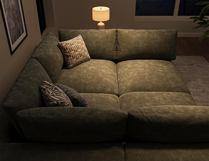 120" Cloud Sectional Couch | Oversize Boneless Couches for Living Room | 4 Seater Modern L-Shape Sofa | Green