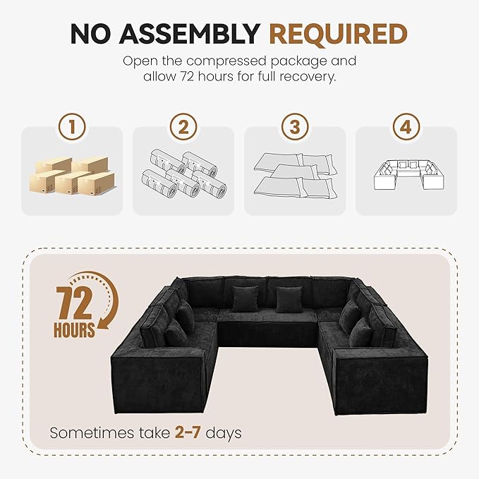 138'' Boneless Chenille U Shaped Couch, Oversized Modular Sectional 8 Seater Sofa, Modern Deep Seat Corner Cloud Compressed Couch, No Assembly Sleeper Sofa with Chaise for Living Room, Black
