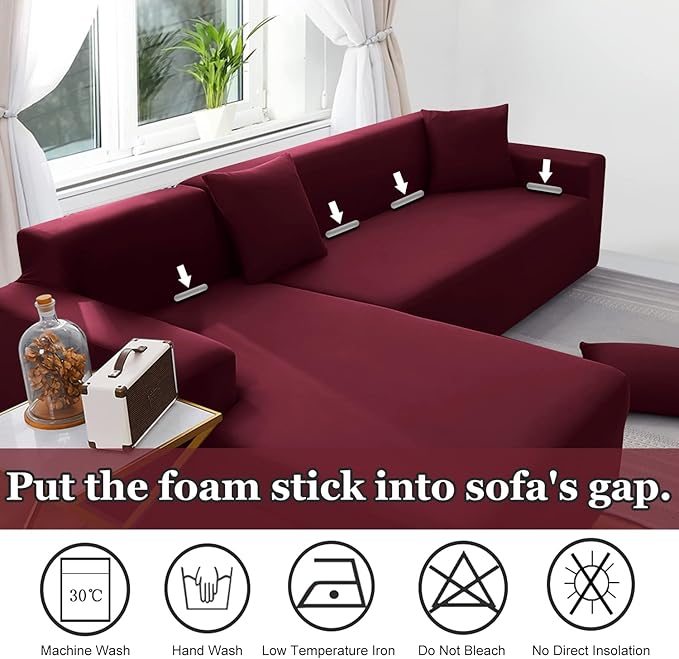 NAISI Couch Cover L Shape 2 Pieces Sofa Cover Soft Stretch Slipcovers with 2pcs Pillowcases Furniture Protector Sectional Couch Covers 3 Seater + 3 Seater(Burgundy)