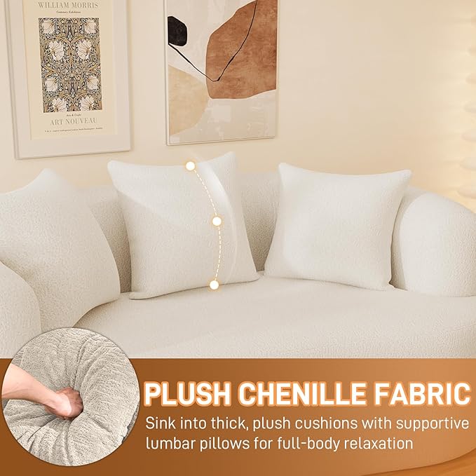 69" Curved Loveseat Sofa for Living Room, Modern Chenille Love Seat Cloud Couch, Luxury Plush Extra Deep Oversized Sofa for Small Spaces, Bedroom, Apartment‌, No Assembly Required, Cream White