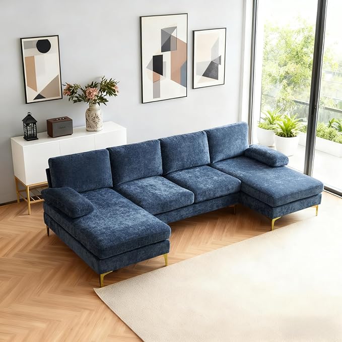 Karl home 110" Sectional Sofa U-Shaped 4-Seat Couch with Chaises Chenille Fabric Upholstered for Living Room, Apartment, Office, Dusty-Blue