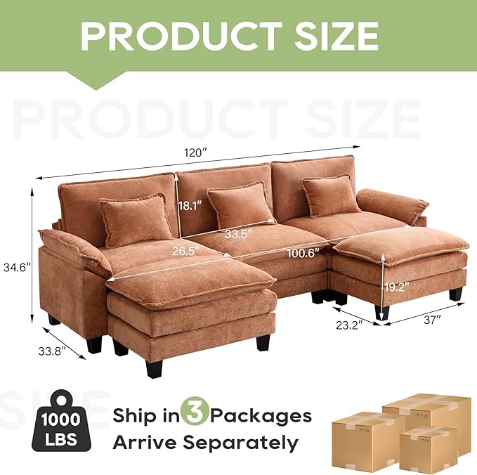 120" Modular Sectional Sofa, Comfy Cloud Couch Sectional Sofa with Ottoman, Chenille Sofa Sleeper Deep Seat Sofa with Throw Pillows for Living Room (Orange, 120"- U Shape)