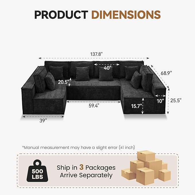 138'' Boneless U Shaped Couch, Oversized Modular Sectional 6 Seater Sofa, Modern Deep Seat Corner Cloud Compressed Couch, No Assembly Sleeper Sofa with Chaise for Living Room, Chenille Black