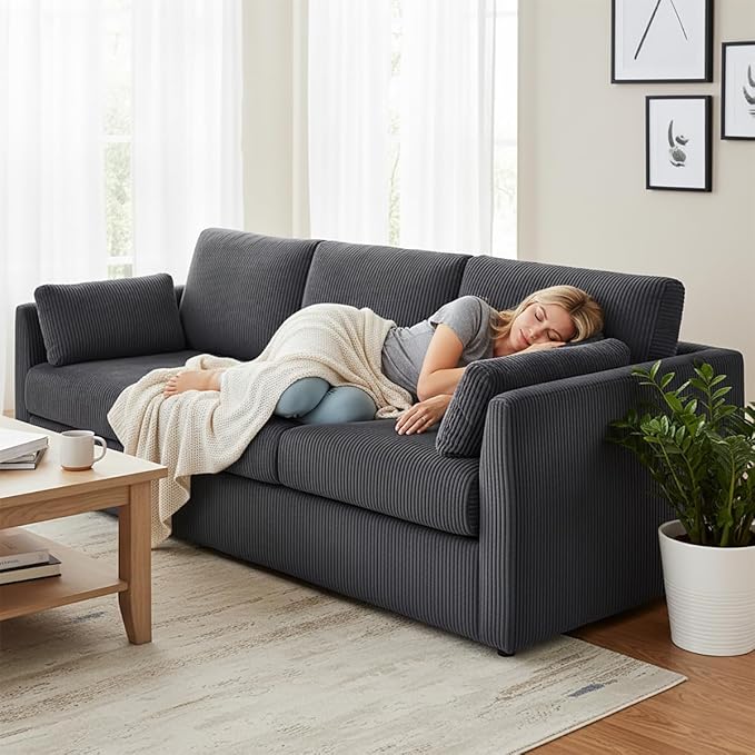 79" L Shaped Couch with Storage Ottoman, 3 Seater Corduroy Sofa with 2 Pillows and Storage Pockets, Convertible Small Couches for Living Room, Apartment, Small Spaces, Home Office, Grey
