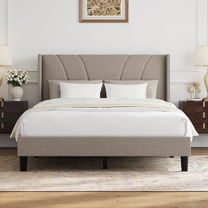 Novilla Queen Size Bed Frame, Queen Bed Frame with Headboard, Linen Upholstered Wing Side Headboard, No Box Spring Needed, Heavy Duty Feet, Easy Assembly, Beige
