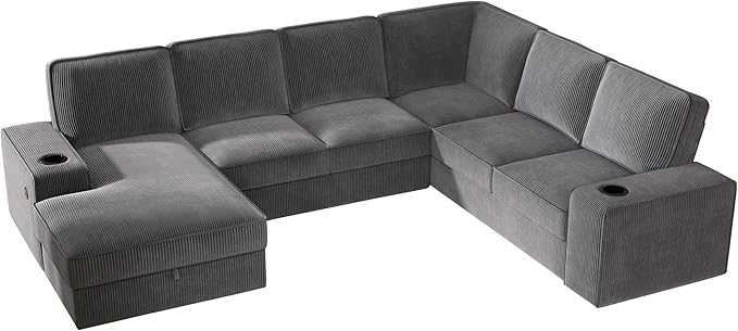 PaPaJet Oversized Sofa, 112 inch U Shaped Sofa with USB Ports, Sectional Couch with Storage Chaise, Corduroy Grey
