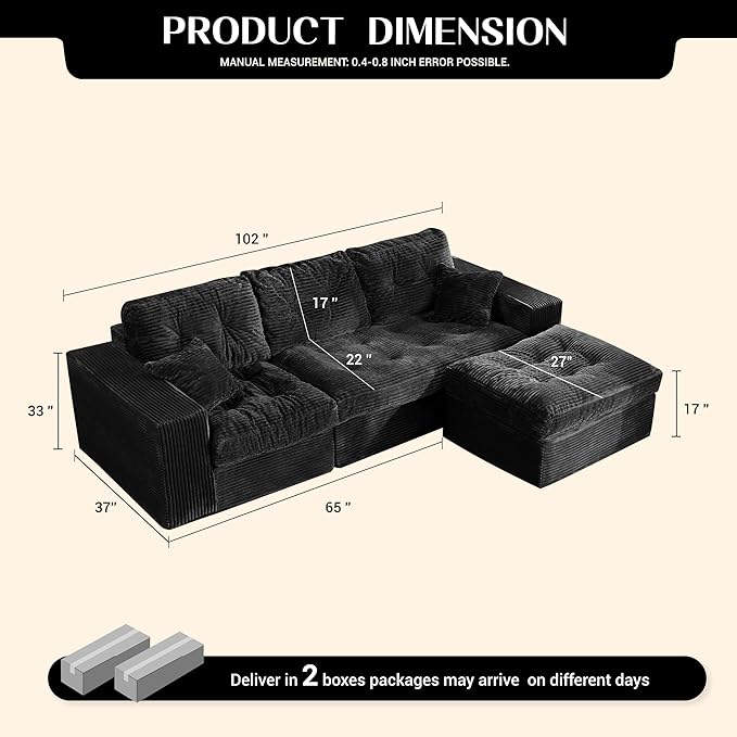 Modular Sectional Sofa, 102” L-Shaped Corduroy Couch with Ottoman, Deep Seat Comfy Sectional for Living Room, Set of Soft Upholstered Cloud Couch for Apartment, Black