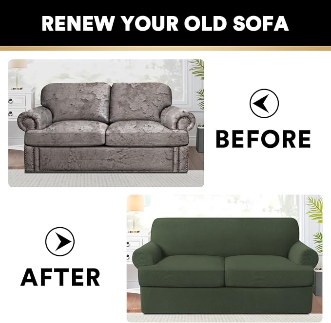 PrinceDeco T Cushion Loveseat Slipcover - 3 Pieces Sofa Cover for 2 Cushion Couch with 2 Individual T Shape Seat Covers Width Up to 76 Inch - Stretch, Machine Washable, Bronze Green