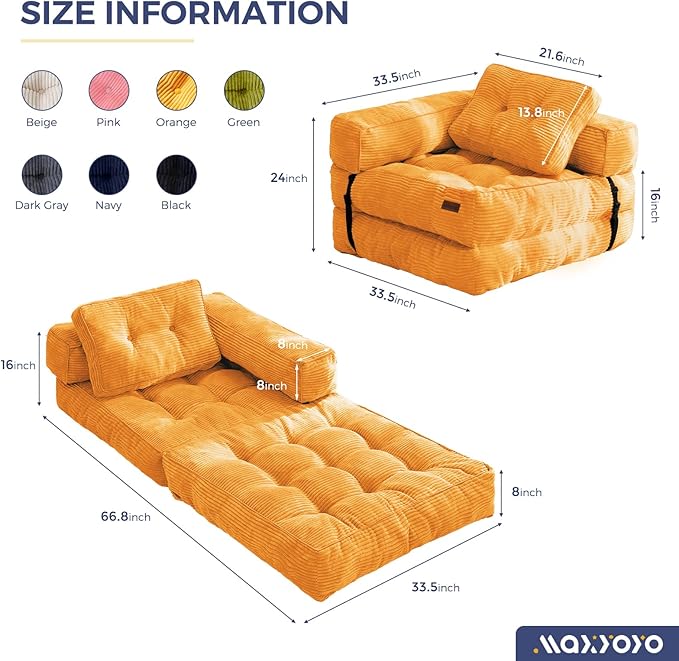 MAXYOYO Folding Sofa Bed, L-Shaped Convertible Sofa Bed Foldable Sleeper with Pillow, Portable Fold Out Chair Lounge for Living Room Bedroom, Orange