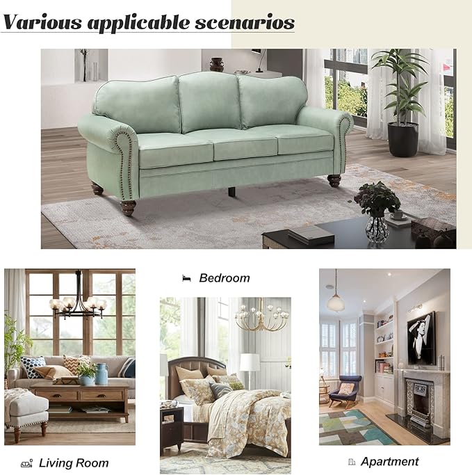 HULALA Home 81'' Genuine Leather Sofa with Nailhead Trim and Rolled Armrests, Mid-Century Modern Living Room 3-Seater Couch, Sage Couch with Removable Cushion for Bedroom Apartment