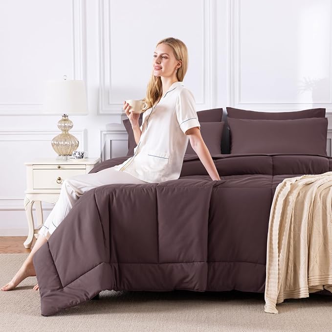 CozyLux Queen Comforter Set Cocoa Powder, 7 Pieces Bed in a Bag, Brown Comforters Queen Size, All Season Bedding Sets with Stitch Quilted Comforter, Flat Sheet, Fitted Sheet, Pillowcases