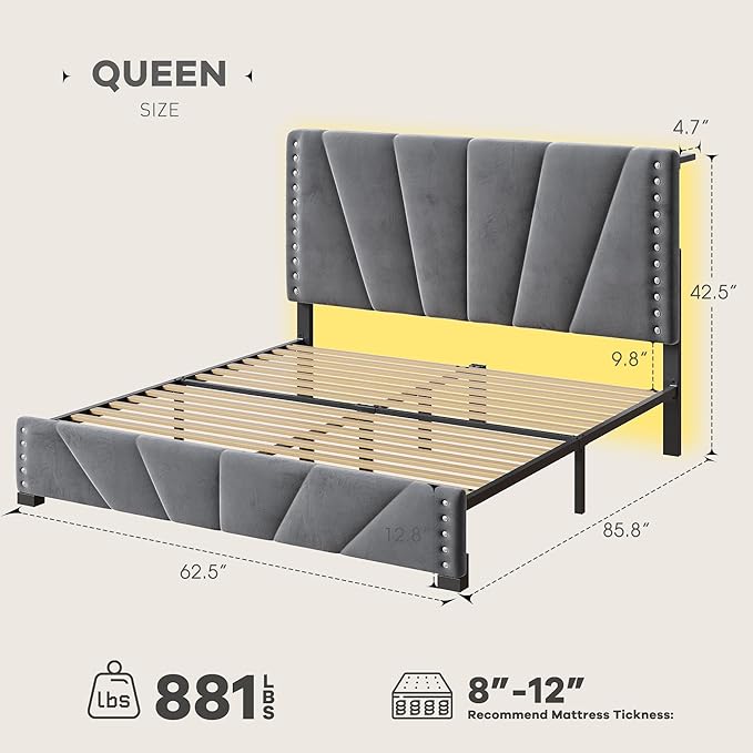 EnHomee Queen Bed Frame with Headboard, Velvet Bed Frame Queen Size with Charge Station and Led Light, Queen Bed Frame for Bedroom Apartment, Dorm, Noise-Free, Easy Assembly, Gray