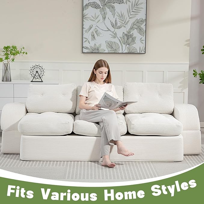 MeMoreCool Cloud Couch Boneless 3-Seater Sofa Bed – Beige Corduroy Convertible Floor Couch with Tufted Cushion, No Assembly Foldable Sleeper for Living Room, Apartment and Small Spaces