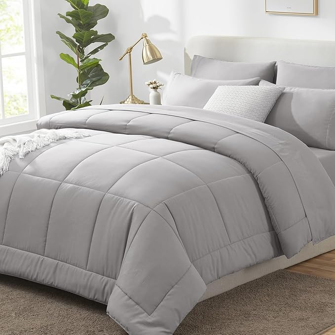 CozyLux Full Size Comforter Set French Grey, 7 Pieces Bed in a Bag, Gray Comforter Full Size, All Season Bedding Sets with Stitch Quilted Comforter, Flat Sheet, Fitted Sheet, Pillowcases