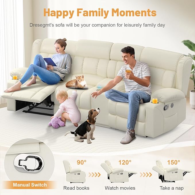 Recliner Sofa Set with Storage Console, Flip Middle Backrest Design PU Leather 3 Seater Reclining Sofa and Single Recliner Chair, Manual Couches for Living Room (Ivory, 3 Seat+Console+1)