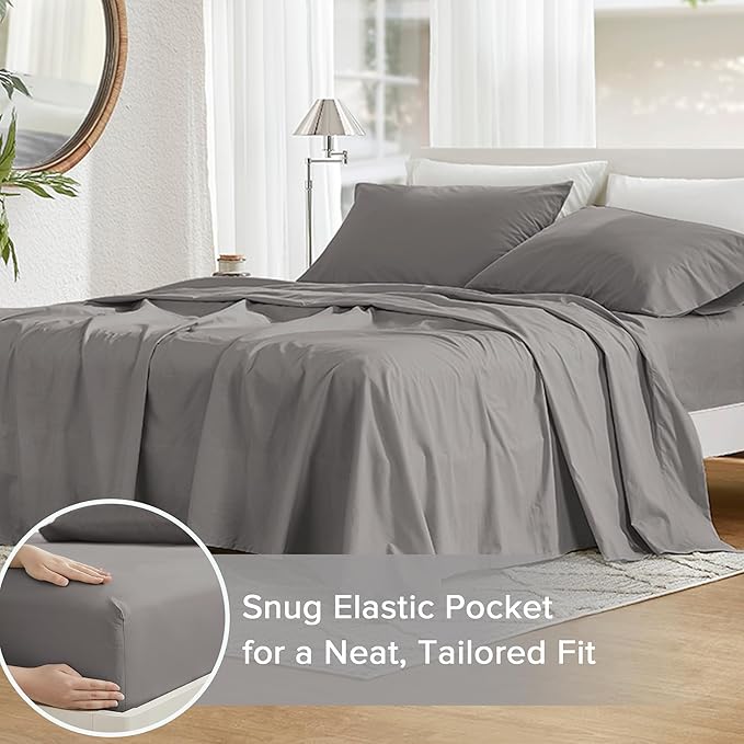 Comfort Spaces 100% Cotton Sheets Cal King, Breathable & Soft Cotton Sheets, Naturally Cool Cotton Bed Sheets with 14" Elastic Pocket Fits up to 16" Mattress, All Season Sheet Set, Dark Gray 4 Piece
