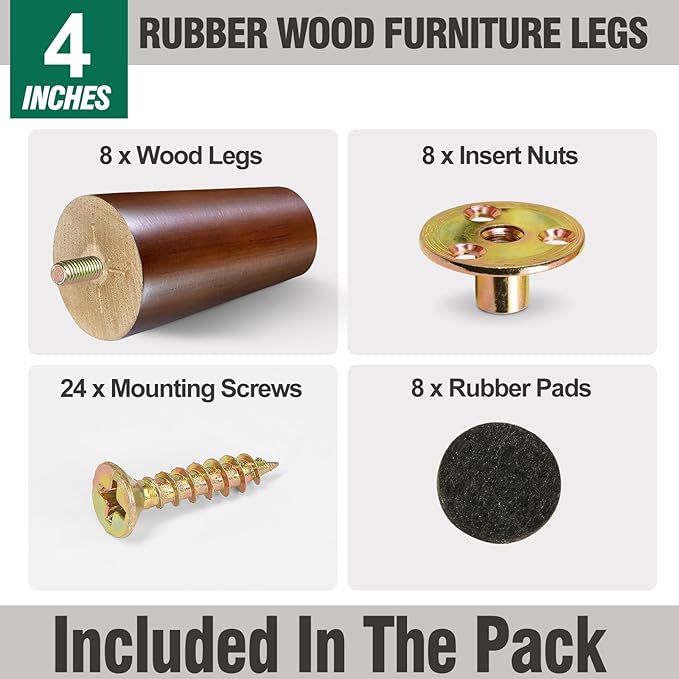 FoDau770 Brown Rubber Wood Furniture Legs 4 Inches, Straight Tapered Wood Feet Mid Century Sofa Legs Set of 8, 5/16" UNC Furniture Feet for Cabinet Couch Dresser Chair Ottoman Table
