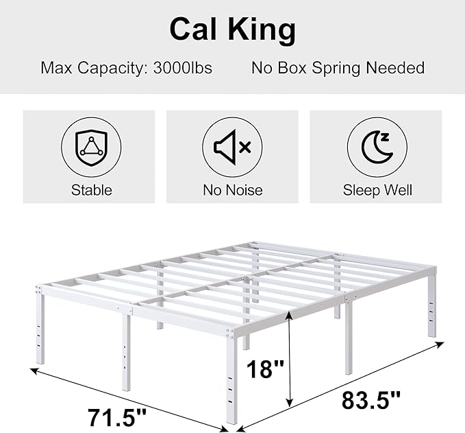 DiaOutro 18 Inch California King Bed Frames Heavy Duty Metal Platform No Box Spring Needed, Maximum Storage, Easy to Assembly, Noise Free, White