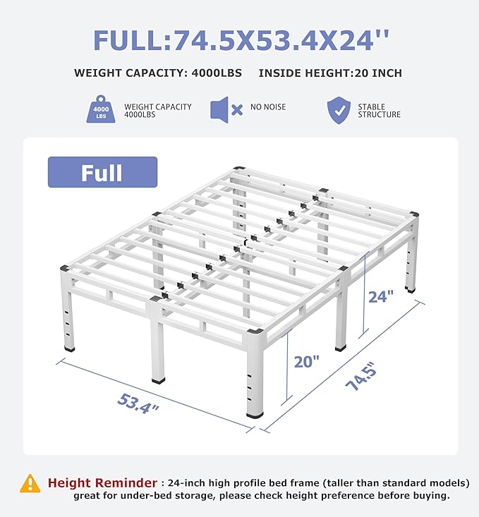 NKZ 24 Inch Full Size Bed Frame, Metal Bed Frame & Box Spring 2 in 1 Platform with Round Corner Legs, 4000Lbs Heavy Duty Metal Frame, Mattress Slide Stopper, Headboard Hole, Noise-Free, Easy Assembly