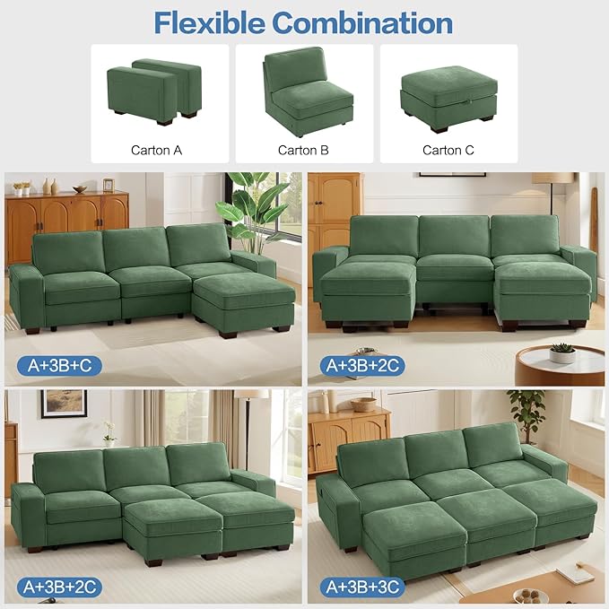 TEKAMON 100" Modular Sectional Sofa with Seats Storage, L Shape Couch with Movable Ottoman for Living Room, Couch with Chaise, Solid Wood Frame, Spring Cushions, USB Port, Washable Covers, Green