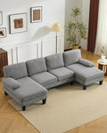 Karl home 110" U-Shape Sectional Couches for Living Room Chenille Upholstery 4 Seat Sofa Set with Double Chaises & Wood Grain Legs for Apartment, Dust Grey