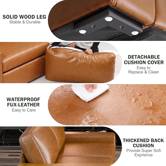 ELUCHANG 85" Faux Leather Sofa Couches, 3 Seater Mid-Century Modern Sofa with Extra Deep Seats, Upholstered Cushion&Removable Cover, Comfy Couch for Small Space Living Room Apartment, Brown