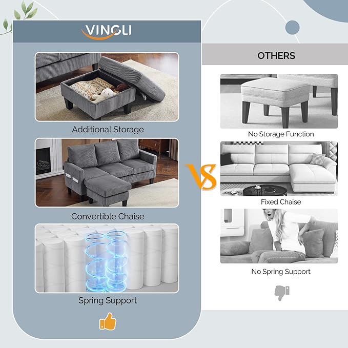 VINGLI 68.5' L Shaped Couch with Removable Storage Ottoman, Convertible Sectional Sofa in Corduroy Fabric, Modern Reversible Chaise Couch for Small Spaces, Apartment, Living Room，Grey