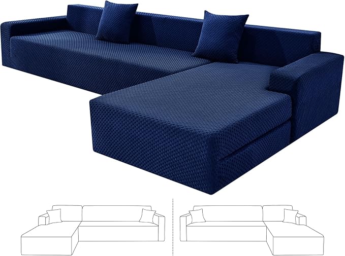 ZNSAYOTX Sectional Couch Covers, Stretch Jacquard Slipcovers with Elastic Bottom for L-Shape Sectional Sofa, 2 Pcs Pet Friendly Modular Sofa Protector (3 Seat Couch + 3 Seat Chaise, Navy Blue)