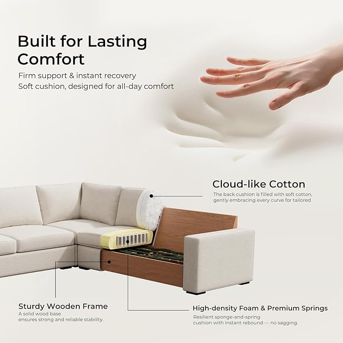 ELUCHANG 113" V-Shaped Modular Sectional Sofa Couch, Modern 5-Seat Comfy Linen Deep Seat Sofa with Corner, Removable Cover, Easy Assembly, Large Sofas & Couches for Living Room, Office, Beige | Spring Cushions, Easy to Clean, Deep Seat