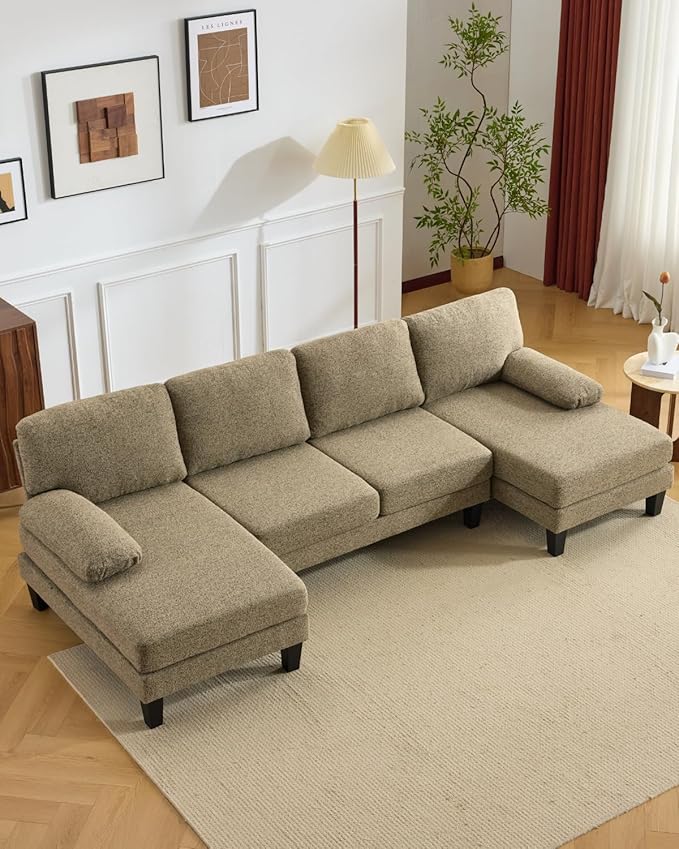 Karl home 110" U-Shape Sectional Couches for Living Room Chenille Upholstery 4 Seat Sofa Set with Double Chaises & Wood Grain Legs for Apartment, Khaki