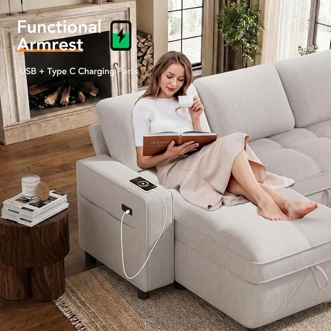 WEUP Modular Sectional Sleeper Sofa Bed, 105" U-Shaped Couch Bed with Adjustable Backrest, Pull Out Couch with Double Storage Chaise, USB Charging & Tool-Free Assembly, Chenille Beige | Reclining Backrest, Tool-Free Assembly, Breathable material