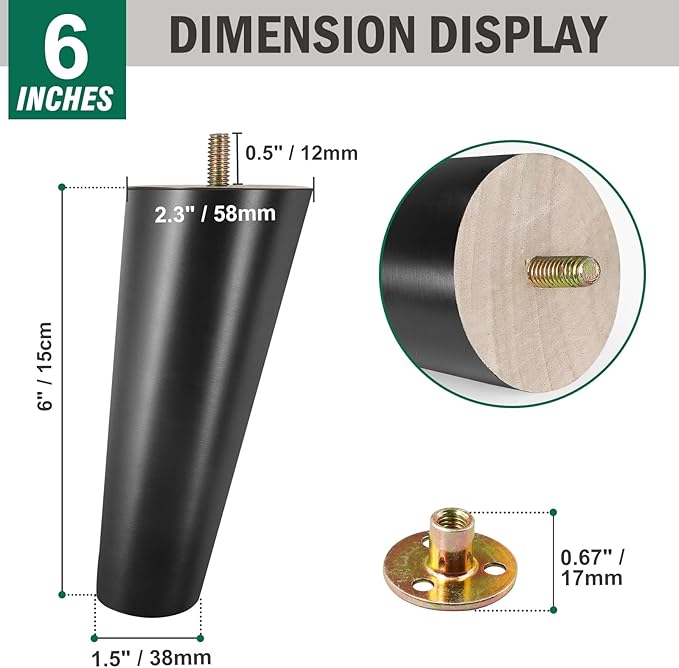 FoDau770 Black Rubber Wood Furniture Legs 6 Inches, Slant Tapered Wood Feet Mid Century Sofa Legs Set of 4, 5/16" UNC Furniture Feet Replacement Parts for Cabinet Couch Dresser Chair Ottoman Table
