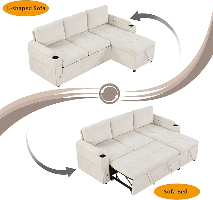Harper & Bright Designs 83.5" L-Shaped Sofa Couch Convertible Sofa Bed Sectional Sofa with Ample Storage Space, Two Cup Holders and Two USB Ports for Living Room, Beige