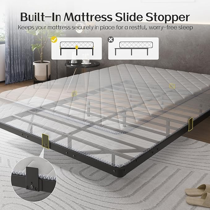 Liians Queen Size Floating Bed Frame with USB Charging Station and LED Lights, Modern Metal Platform Bed Frame with Mattress Slide Stopper, Noise Free No Box Spring Needed and Easy Assembly