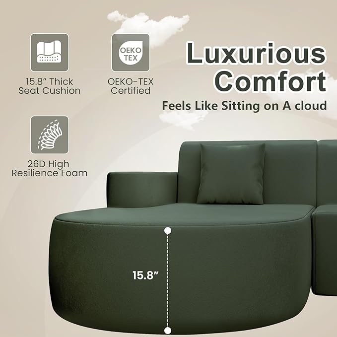 MELLCOM Modern Curved Boneless Sofa Couch, L-Shaped Corner Sofa, No Assembly Needed, Chenille Upholstered Cloud Sectional Couch for Living Room, Bedroom and Apartment (Green, Left Hand Facing)